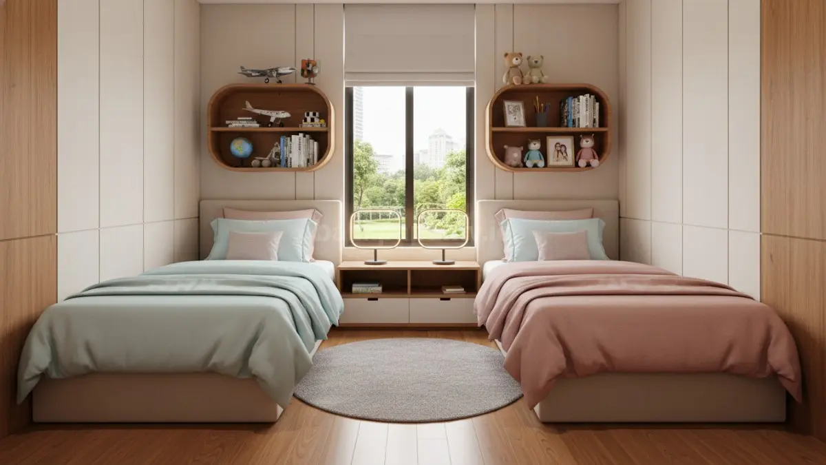 kamar anak kembar dengan konsep simetris dan dekorasi personal
