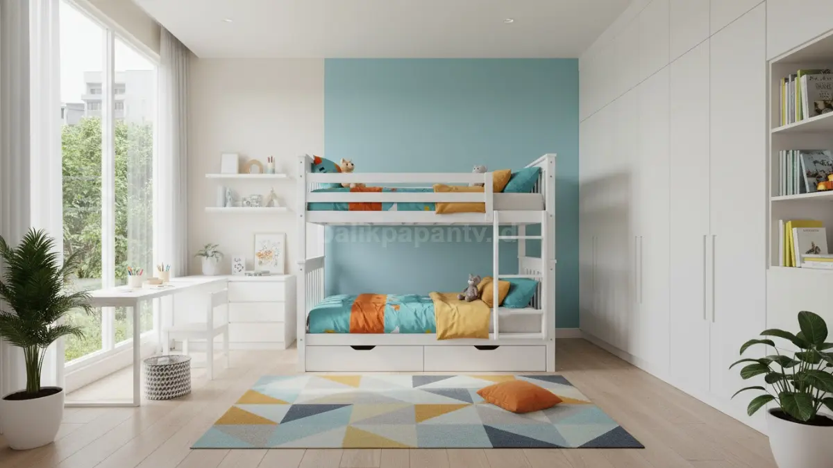 kamar anak kembar minimalis dengan bunk bed dan warna cerah yang terasa lapang
