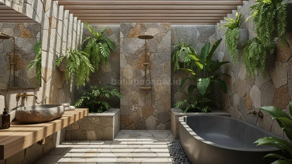 Kamar mandi outdoor dengan elemen batu alam dan tanaman
