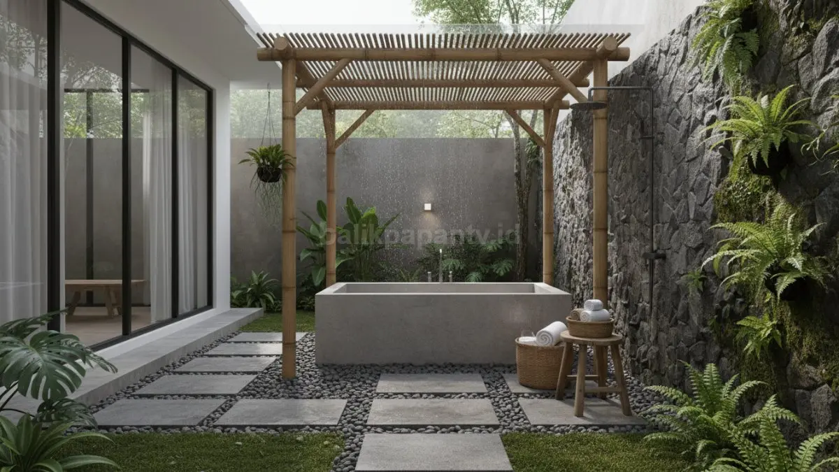 Kamar mandi outdoor minimalis di belakang rumah dengan desain sederhana dan fungsional
