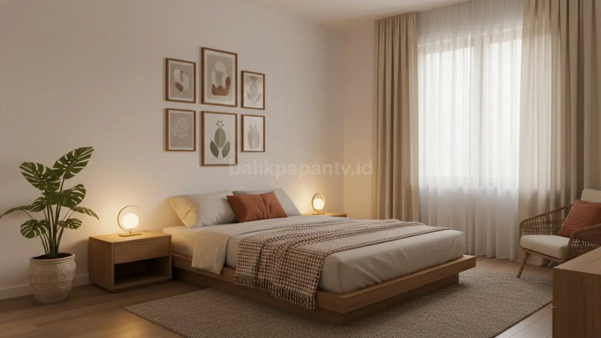 Kamar remaja estetik dengan pencahayaan hangat dan furnitur minimalis modern
