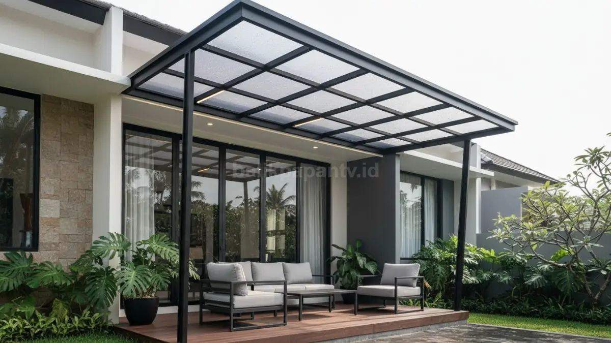 Kanopi teras depan rumah minimalis modern dengan desain simpel dan material tahan cuaca. (BTV/Ai)