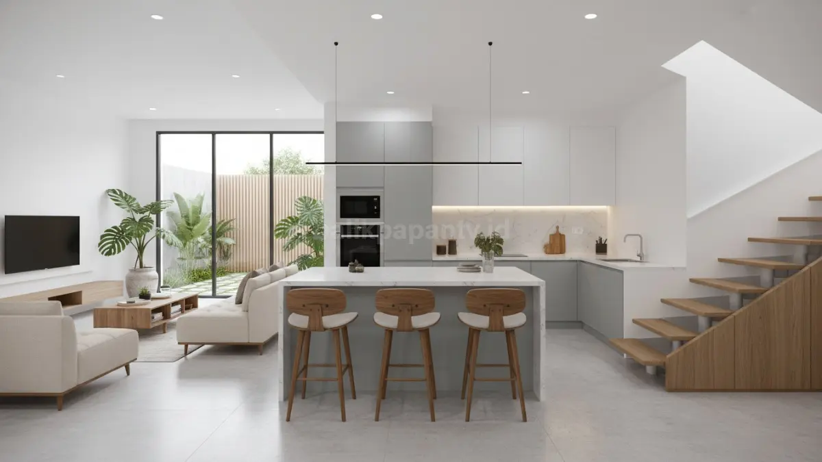 Tampilan interior rumah modern dengan konsep ruang terbuka yang menghubungkan dapur dan ruang keluarga tanpa sekat, dilengkapi penyimpanan tersembunyi dan furnitur fungsional. Ruangan terlihat rapi, efisien, dan mendukung aktivitas harian dengan akses yang mudah, mencerminkan desain praktis yang menyederhanakan kehidupan penghuni.  (BTV/Ai)

