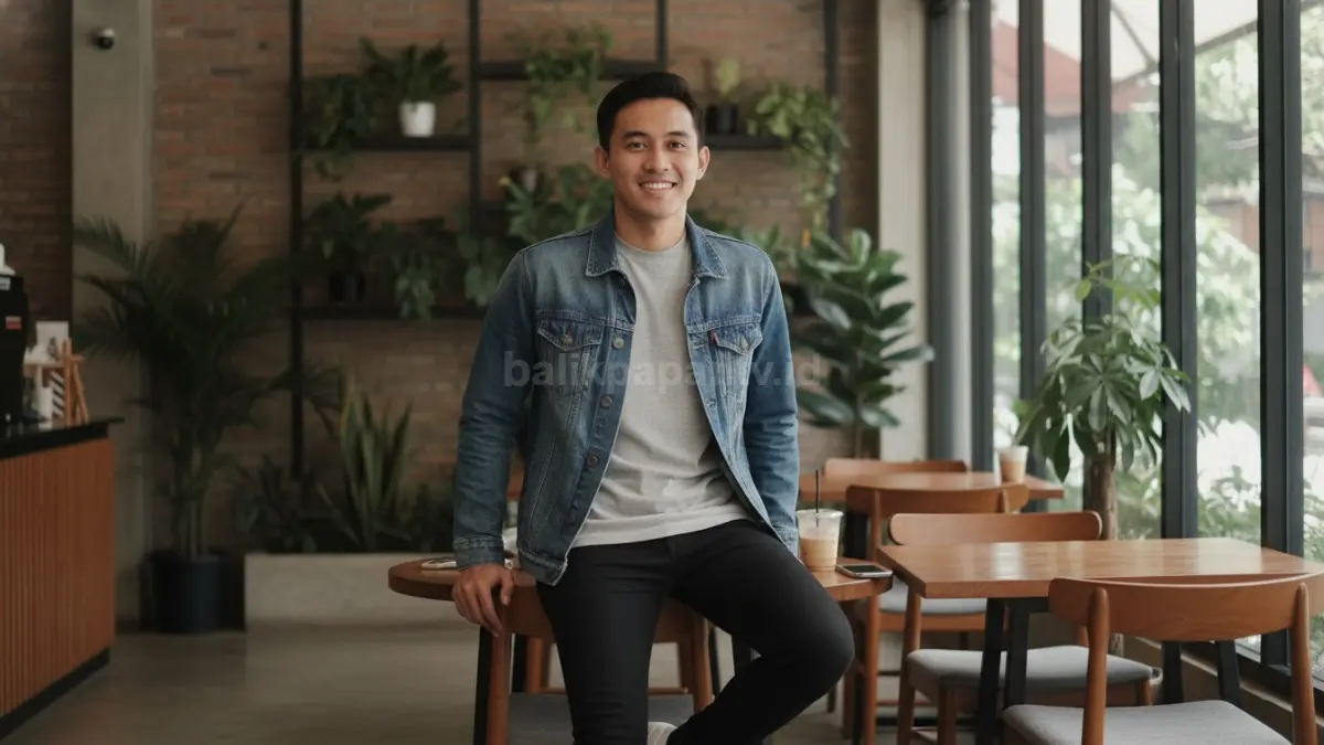 Kombinasi kaos polos dan denim jacket untuk gaya hangout santai