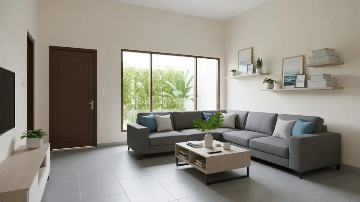 Interior rumah modern dengan penggunaan material mudah dirawat seperti keramik matte, cat dinding tahan noda, dan permukaan furnitur anti gores. Tampilan terlihat bersih, rapi, dan awet, mendukung hunian praktis yang mengurangi kebutuhan perawatan harian.  (BTV/Ai)
