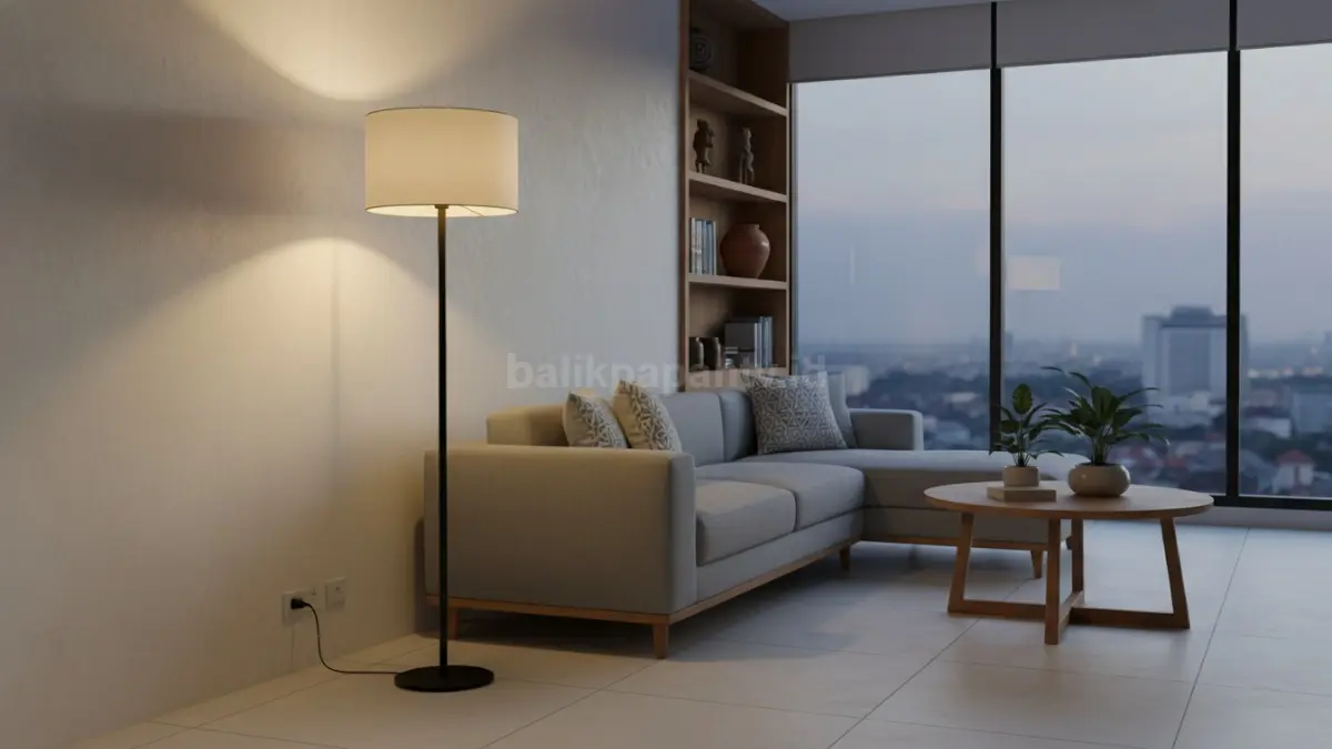 Lampu lantai minimalis modern di ruang tamu rumah Indonesia (BTV/Ai)
