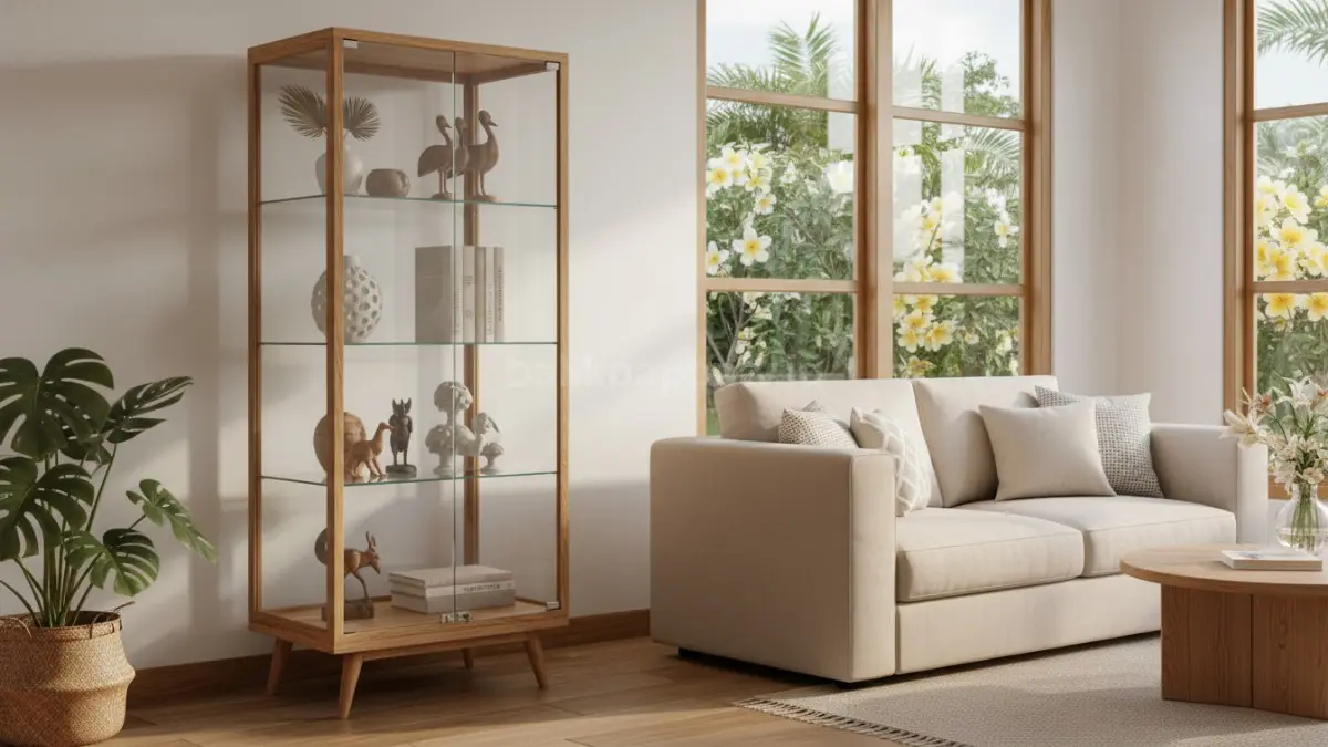 Lemari kaca standing dengan aksen kayu natural (BTV/Ai)