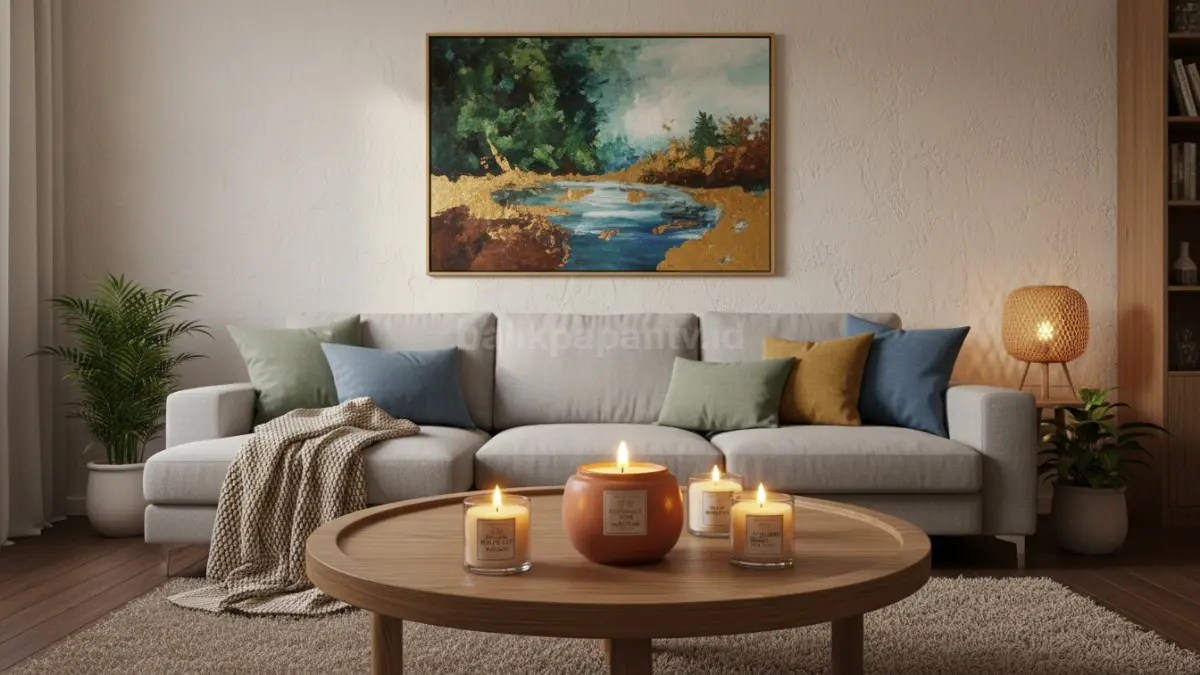 Lilin aromaterapi di ruang tamu cozy dengan cahaya hangat estetik (BTV/Ai)