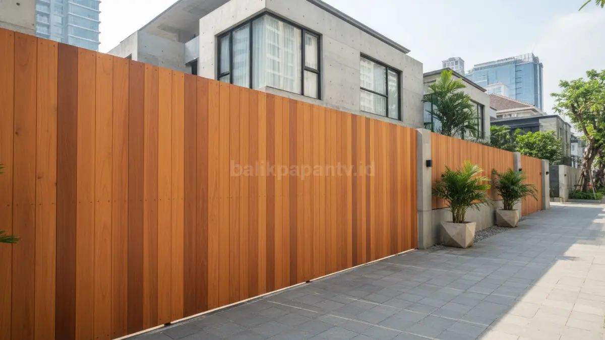 Model pagar jati vertikal clean line untuk rumah minimalis urban

