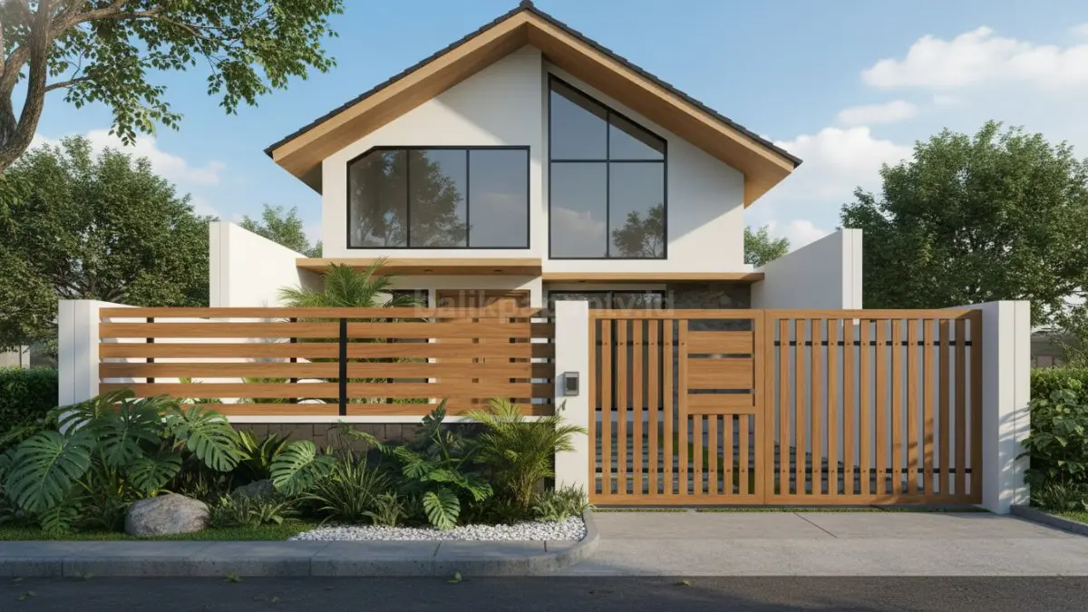 Pagar kayu jati minimalis dengan desain modern memperkuat tampilan rumah tropis
