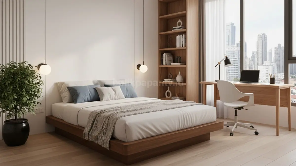 Penataan zona kamar dengan area tidur dan belajar terpisah
