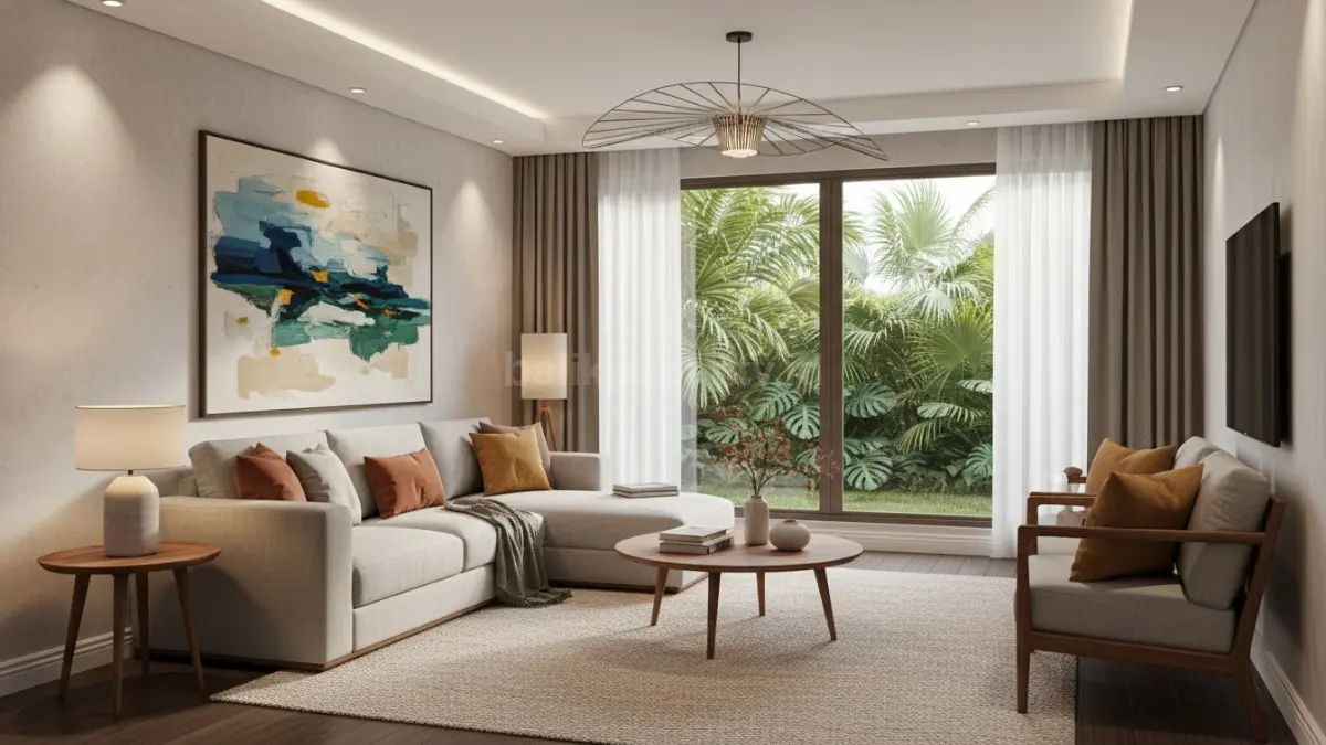 Pencahayaan berlapis dengan lampu utama, meja, aksen hangat menciptakan suasana nyaman, adem, elegan modern interior rumah (BTV/Ai)