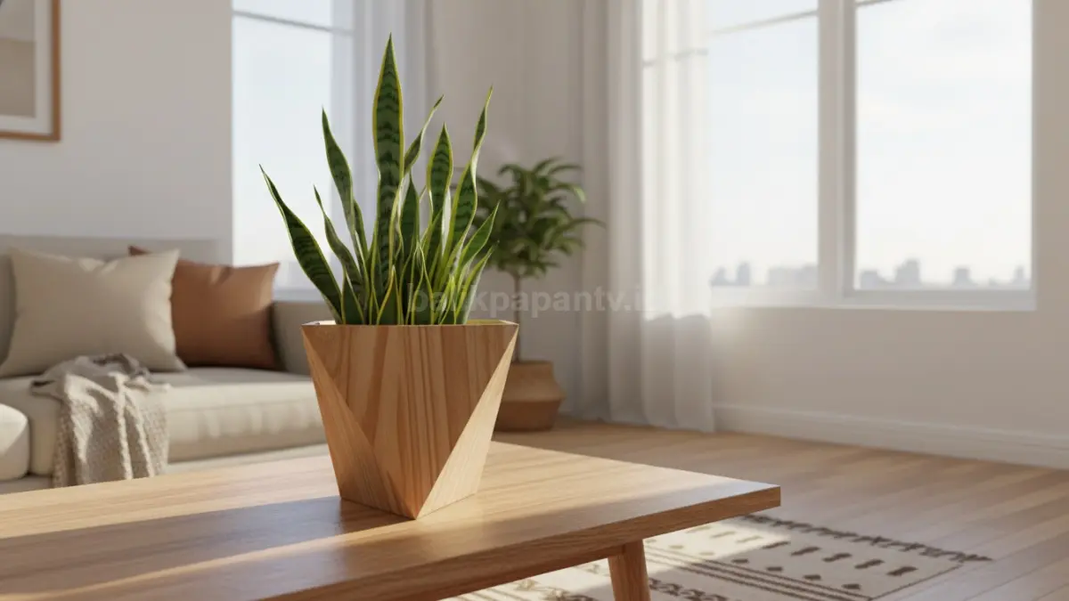 Pot prisma kayu dengan finishing natural (BTV/Ai)
