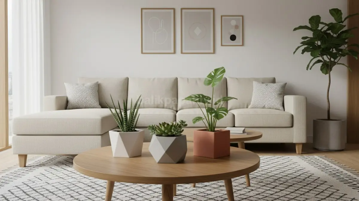 Pot tanaman geometris minimalis modern di ruang tamu (BTV/Ai)