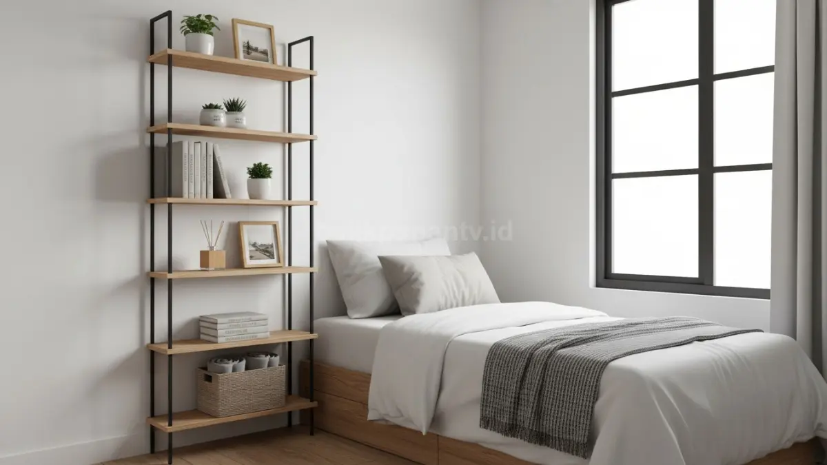 Rak dinding vertikal hemat ruang di kamar tidur kecil
