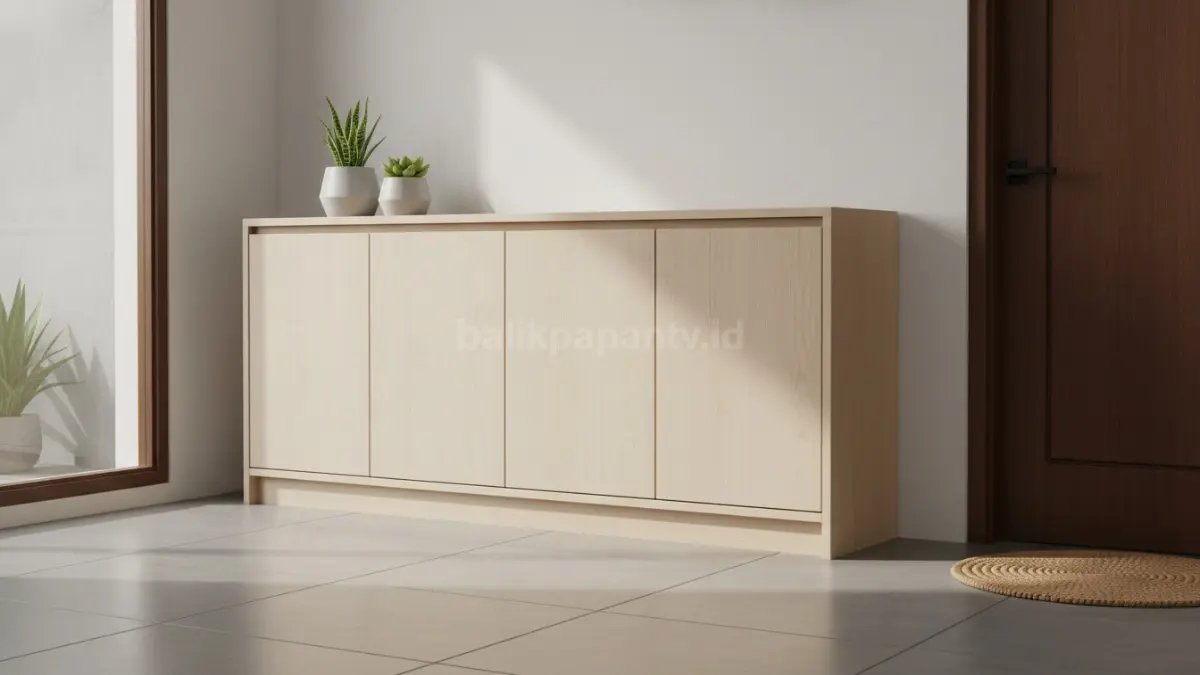 Rak sepatu tertutup minimalis modern dengan desain clean (BTV/Ai)