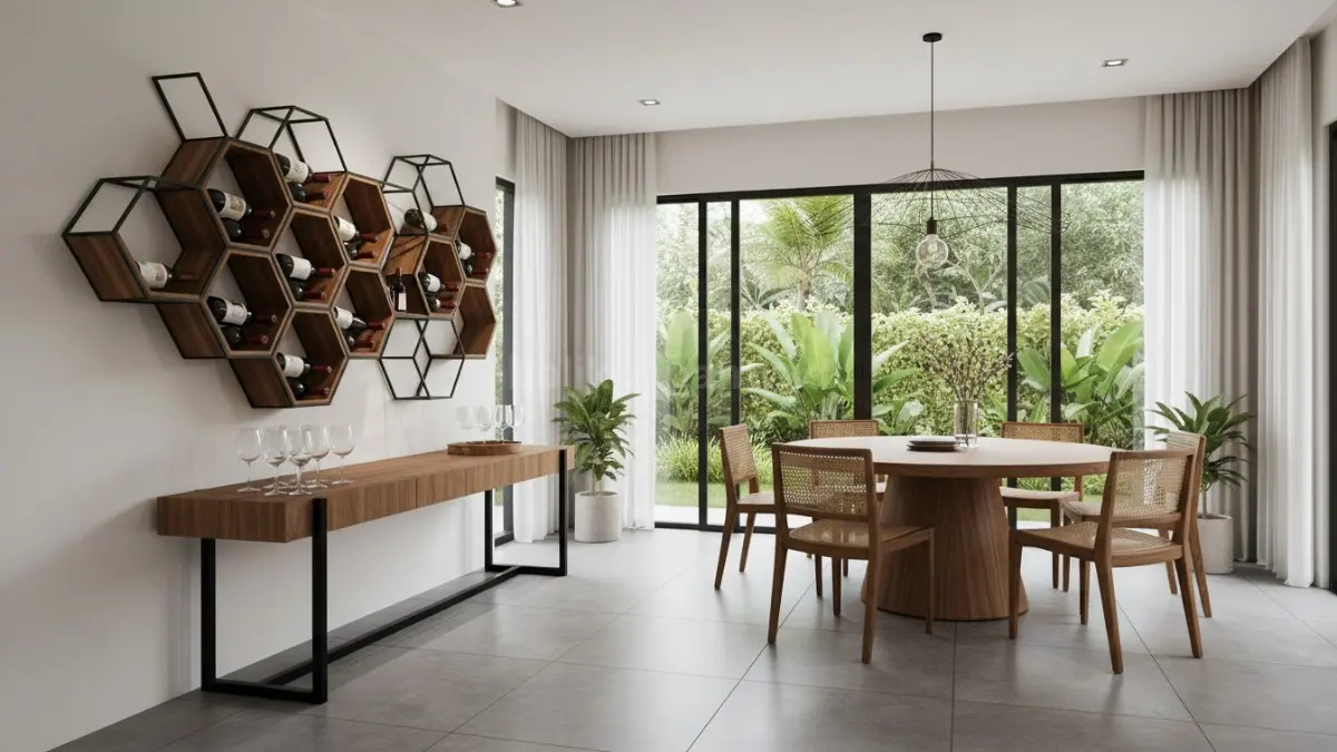 Rak wine minimalis modern di ruang makan rumah Indonesia (BTV/Ai)