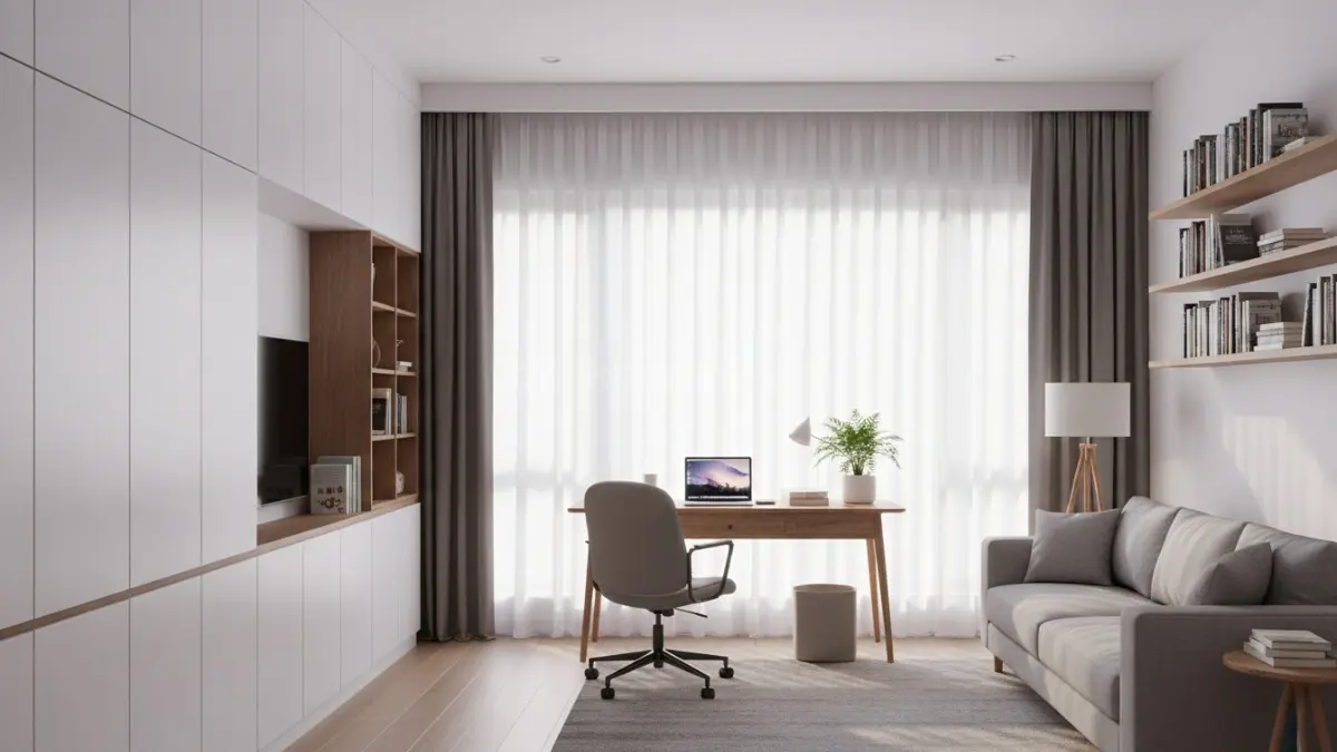 Interior rumah modern dengan tata ruang rapi, pencahayaan alami yang terang, dan sistem penyimpanan terintegrasi yang membuat ruangan terlihat bersih dan teratur. Suasana ruang mendukung aktivitas harian seperti bekerja dan belajar, mencerminkan bagaimana desain yang tepat mampu membentuk kebiasaan lebih produktif dan pola hidup yang terstruktur.  (BTV/Ai)
