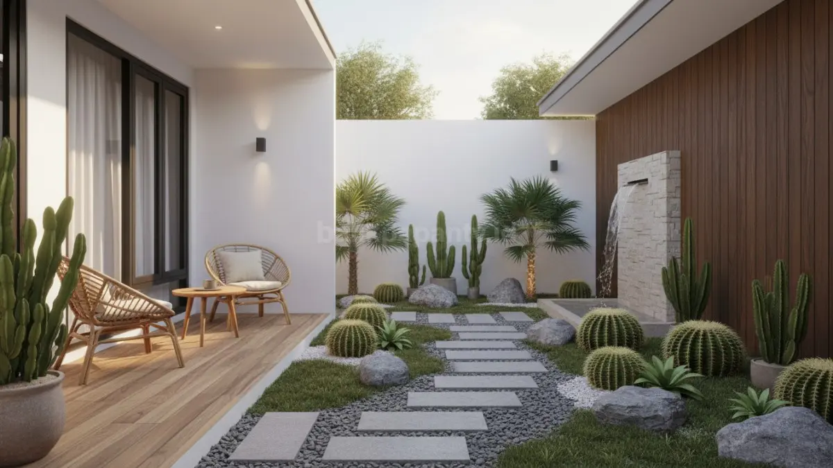 Taman kering tropis minimalis estetik, hemat air, batu alam, kaktus, palem mini, spot santai sore
