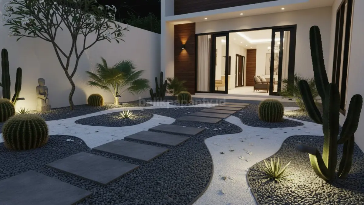 Taman kering tropis modern hemat air, batu koral, kaktus, pencahayaan LED, praktis, estetis malam hari
