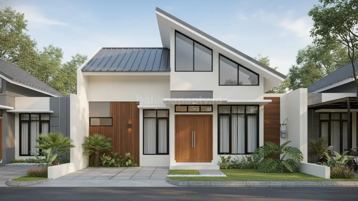 Tampilan atap dua trap minimalis modern pada rumah tropis 2026. (BTV/Ai)