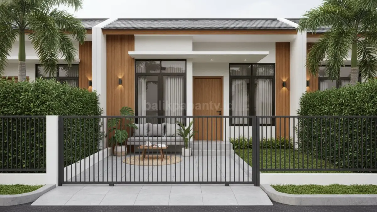 Tampilan pagar besi minimalis modern dengan garis tegas, cocok untuk rumah urban 2026. (BTV/Ai)