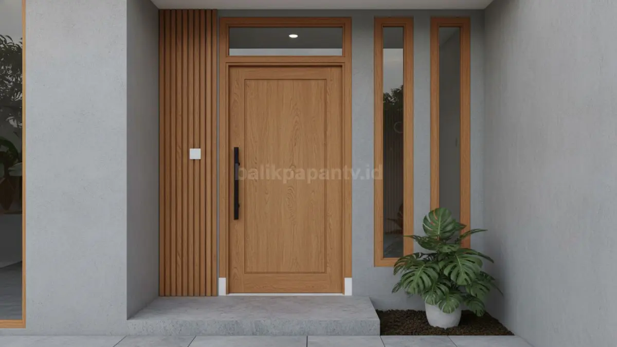 Tampilan pintu rumah minimalis satu daun pada fasad hunian modern. (BTV/Ai)