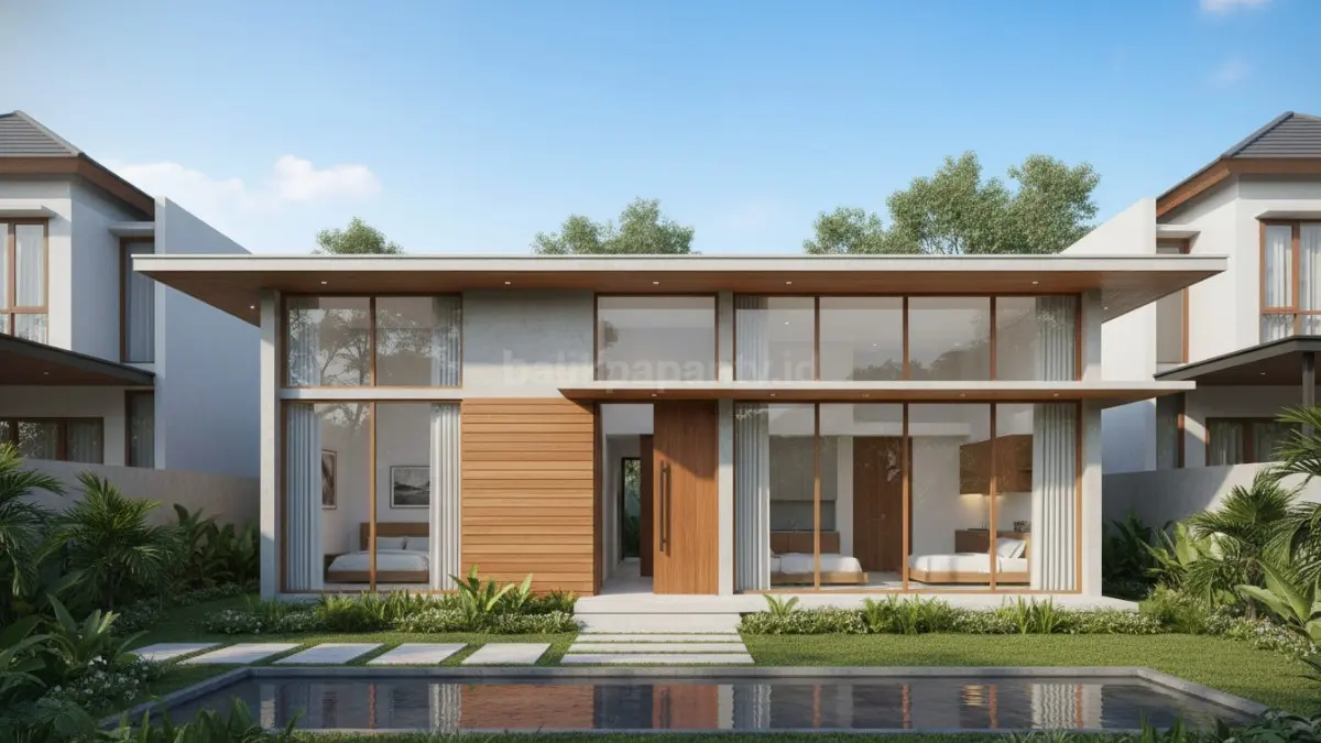 Tampilan rumah minimalis satu lantai dengan empat kamar dan desain modern fungsional
