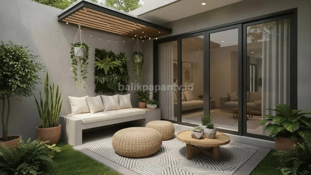 Tampilan teras kecil sebagai area transisi rumah modern. (BTV/Ai)
