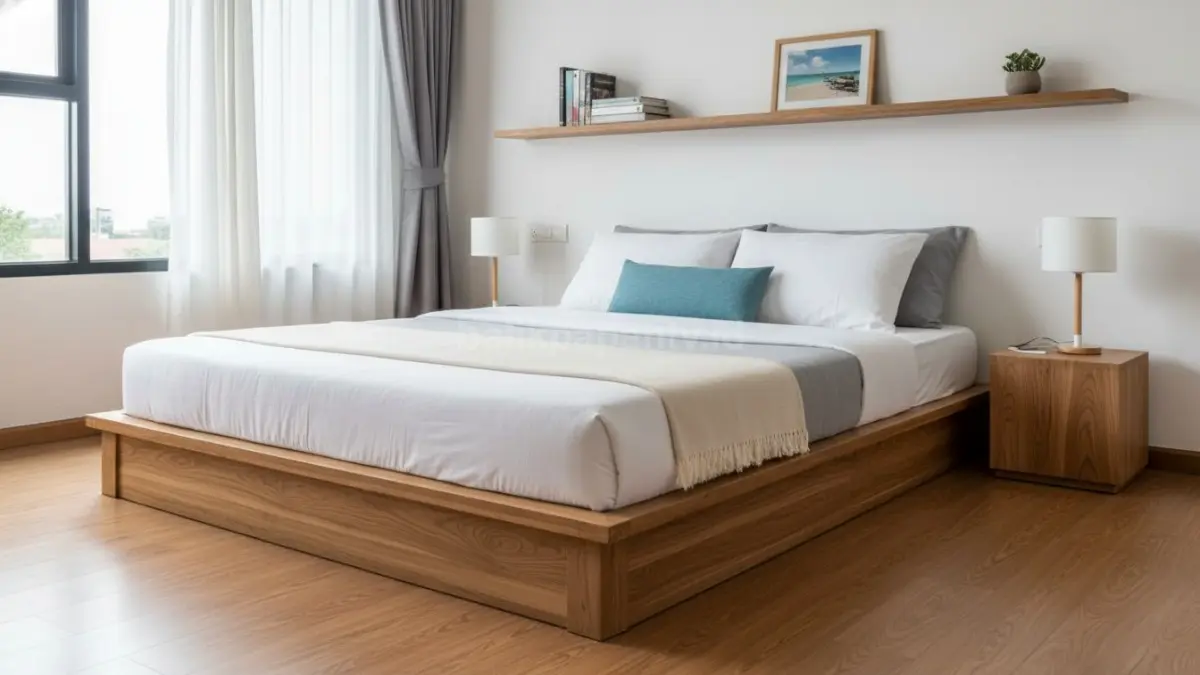 Tempat tidur platform minimalis kayu dengan desain bersih modern (BTV/Ai)