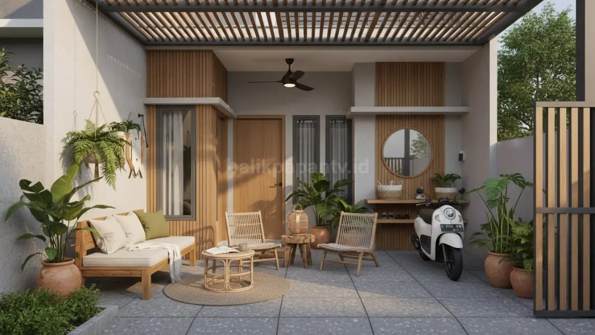 Teras rumah kecil sederhana dengan kursi dan tanaman minimalis. (BTV/Ai)