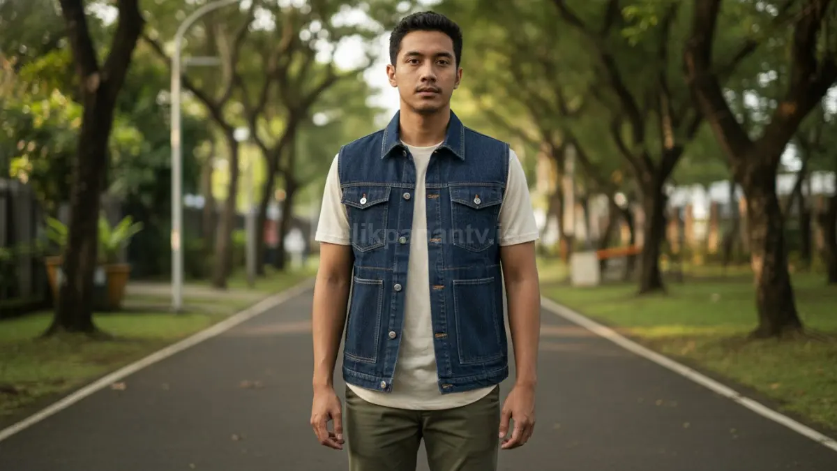 Vest dipakai di atas kaos polos memberi dimensi outfit harian