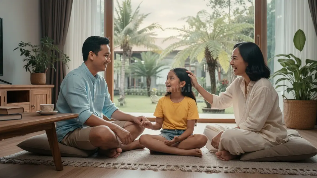 Anak dan orang tua berbincang santai di rumah untuk menjaga kesehatan mental keluarga  (BTV/Ai)
