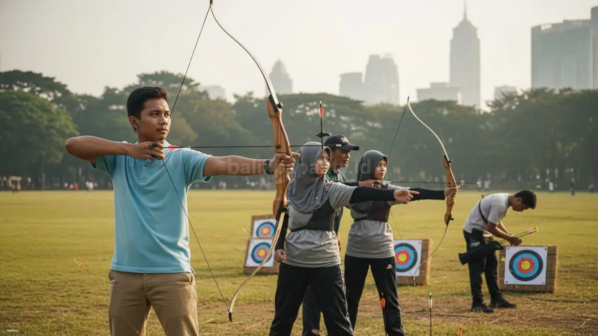 Anak muda latihan memanah di ruang terbuka untuk menjaga fokus dan kebugaran tubuh  (BTV/Ai)

