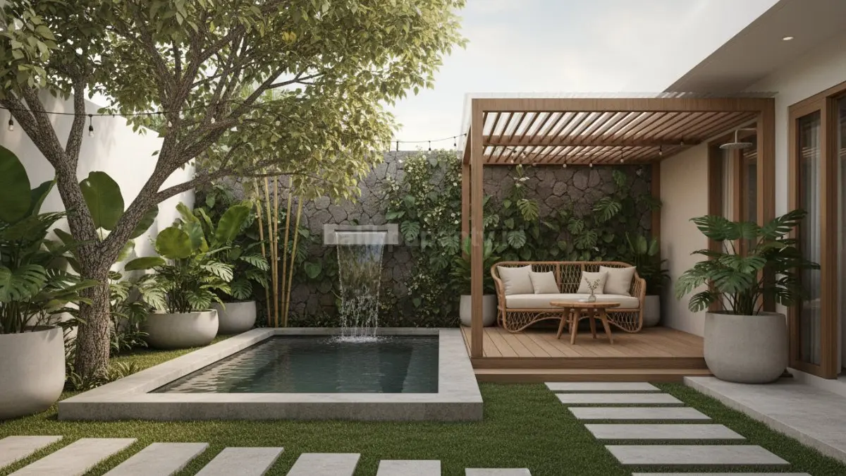 Area belakang rumah minimalis tropis, multifungsi, nyaman, produktif, hemat ruang, cocok hunian perkotaan modern masa kini.