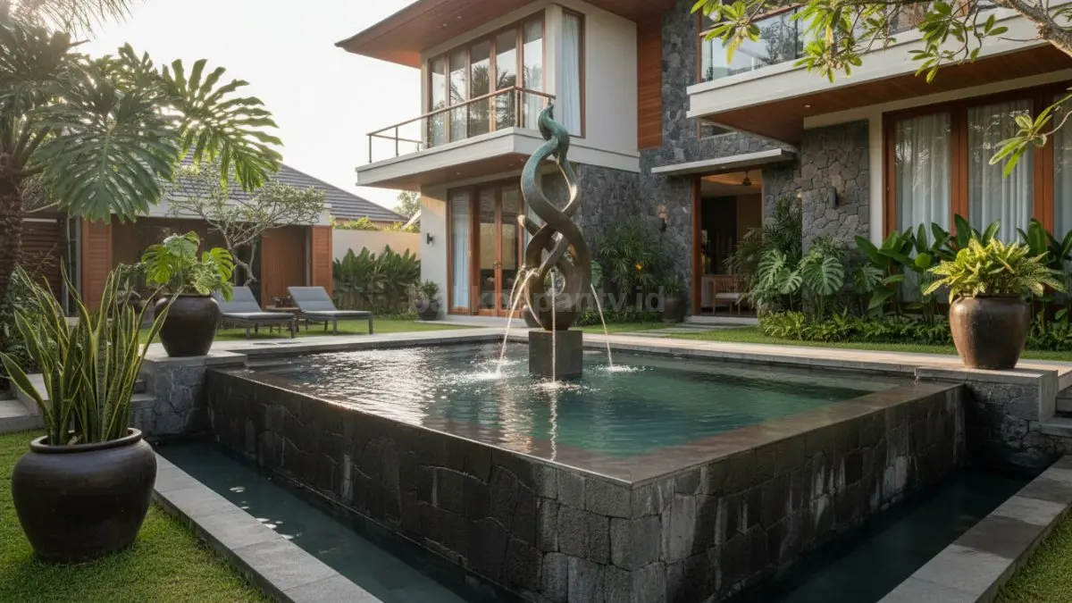 Area kolam kecil modern dengan sentuhan batu alam dan patung air mancur artistik
