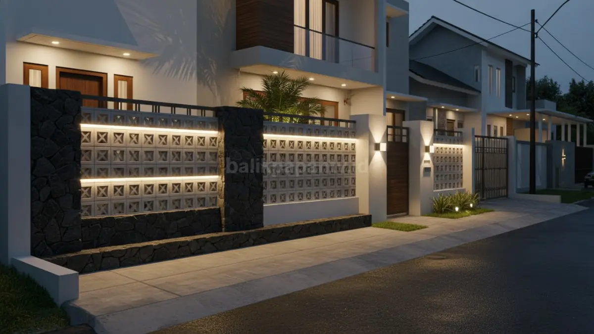 Area pagar rumah modern dengan pencahayaan warm white yang membuat fasad terlihat lebih hidup. (BTV/Ai)