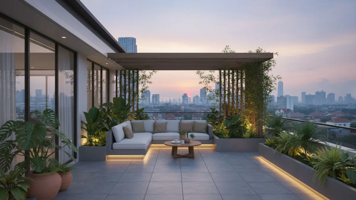 Area rooftop garden modern untuk ruang santai keluarga perkotaan. (BTV/Ai)