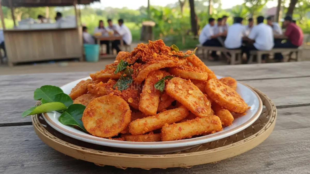Basreng pedas daun jeruk gurih renyah, aromatik, digemari pembeli muda untuk camilan sehari-hari kekinian.
