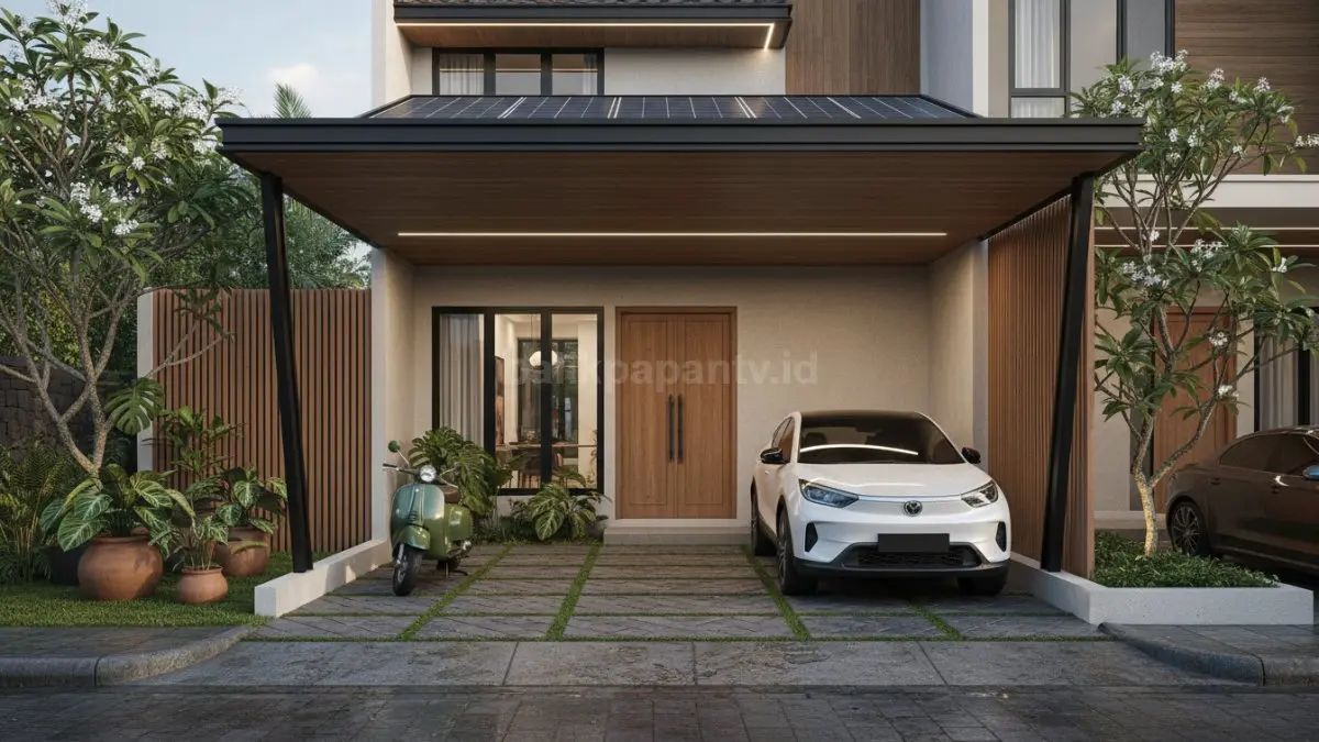 Carport minimalis modern dengan desain tropis dan pencahayaan hangat rumah urban. (BTV/Ai)