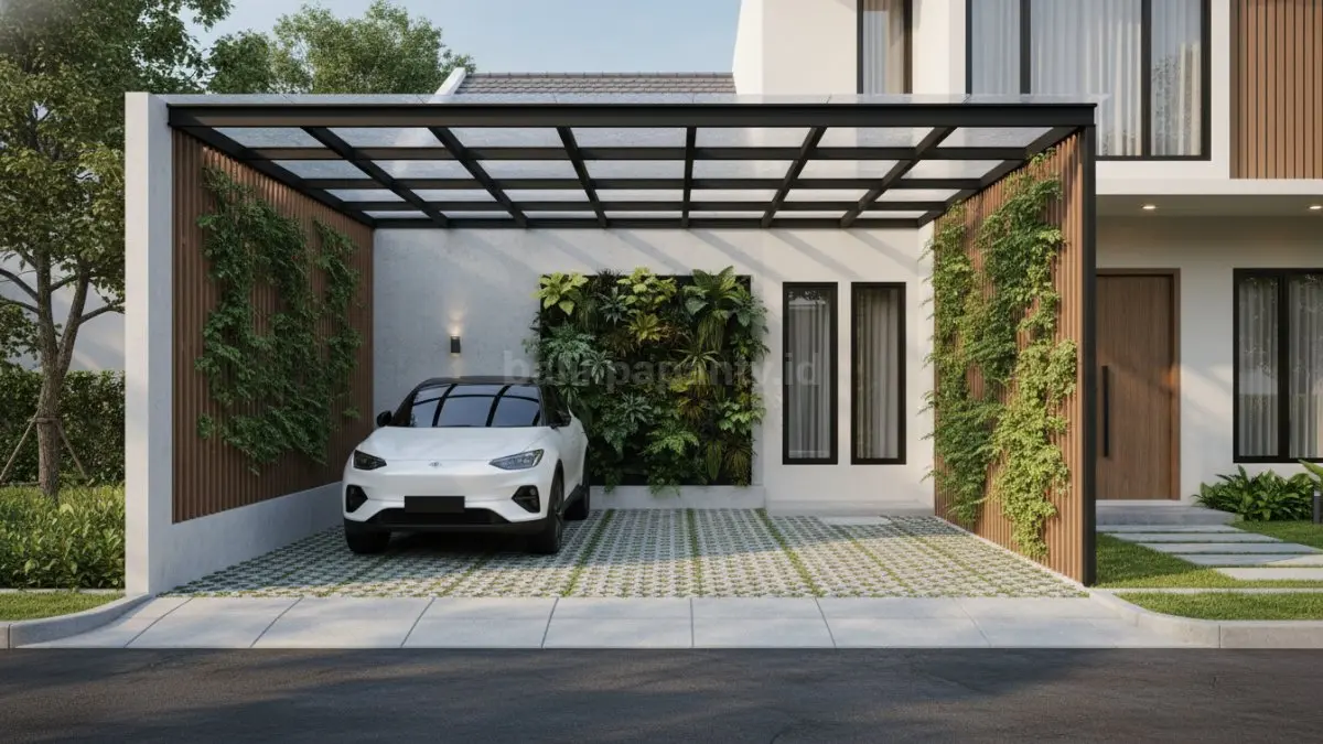 Carport Semi Terbuka dengan Tanaman Hijau. (BTV/Ai)