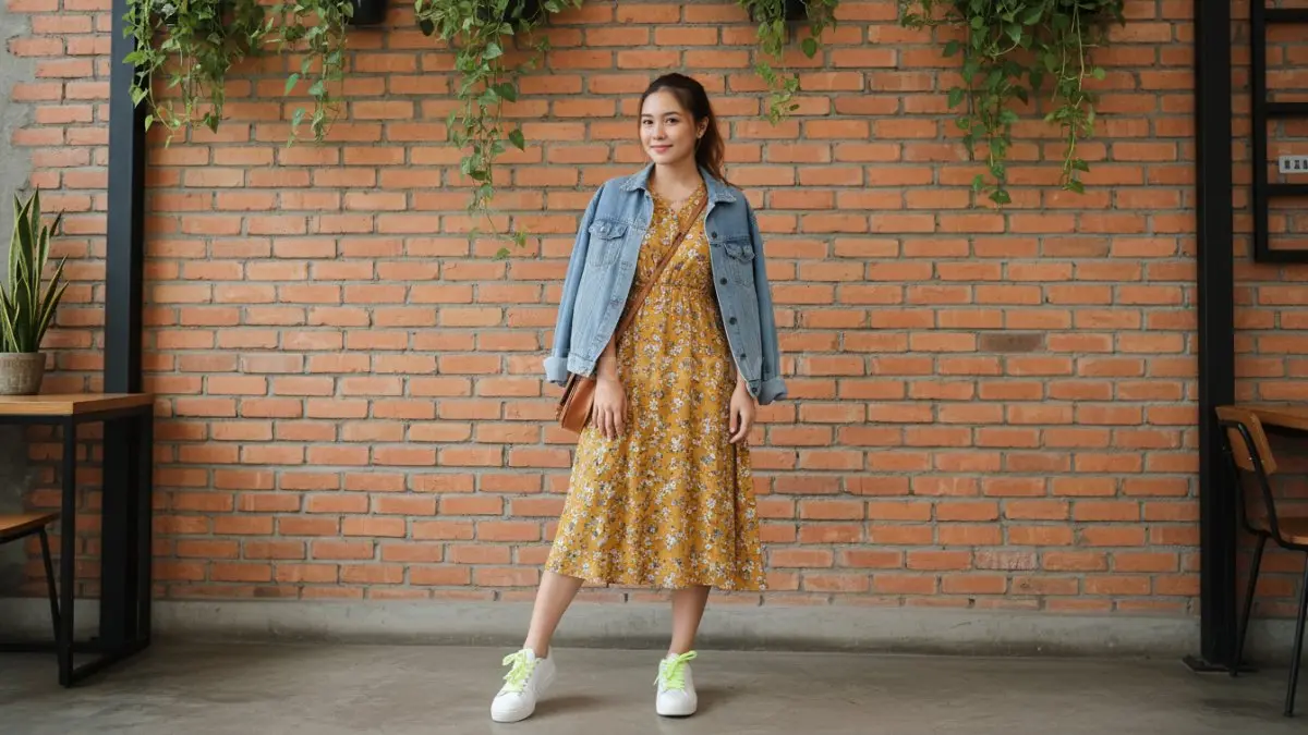 Casual midi dress dipadukan jaket denim dan sneakers untuk gaya harian kekinian.