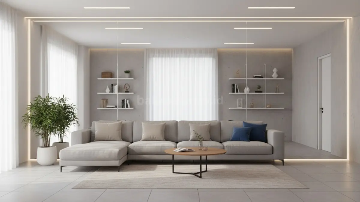 Cermin frameless besar di ruang tamu minimalis modern (BTV/Ai)