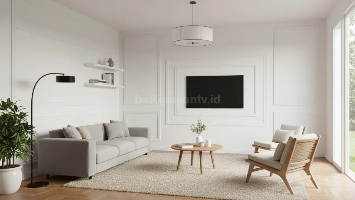 Dinding ruang tamu modern dengan panel gypsum simetris elegan. (BTV/Ai)