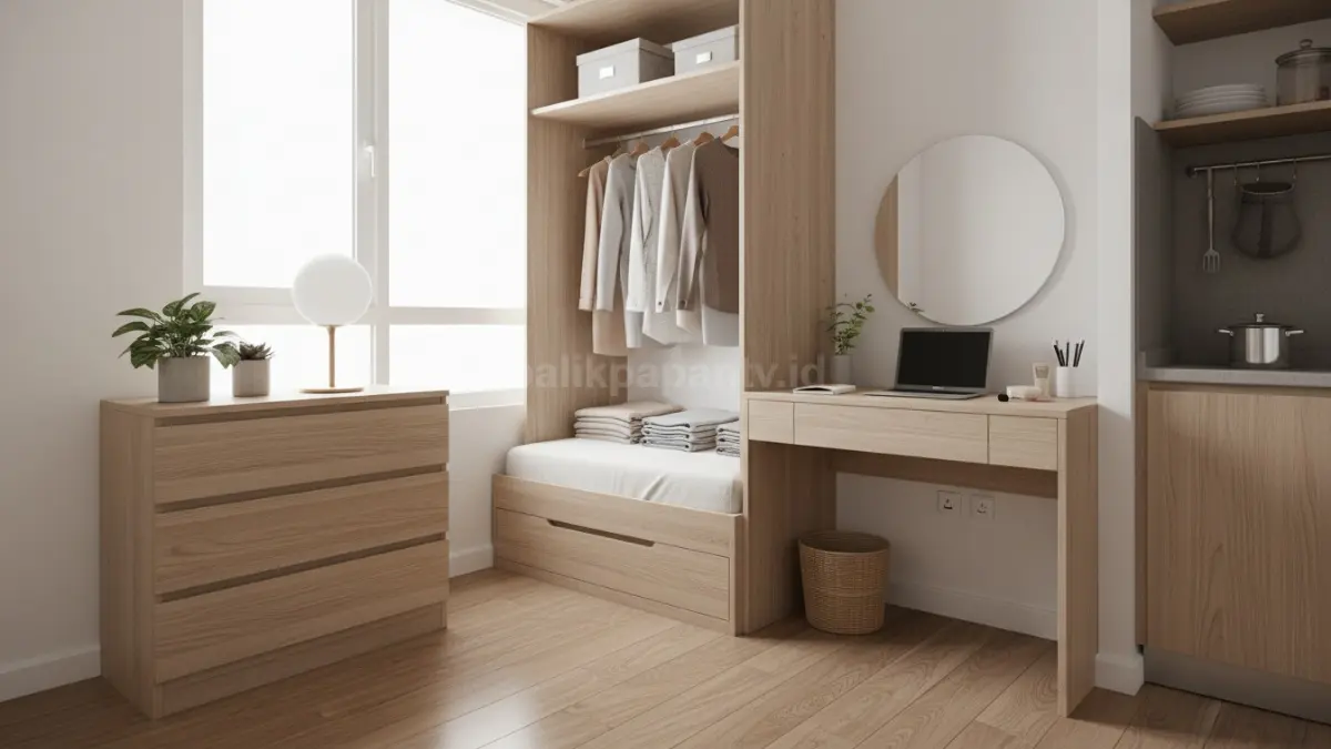 Drawer unit minimalis warna kayu terang membuat ruang kecil terasa rapi dan modern (BTV/Ai)