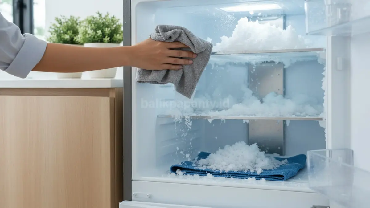 Freezer kulkas rumah minimalis penuh bunga es sedang dibersihkan memakai kain lembut agar pendinginan kembali optimal
