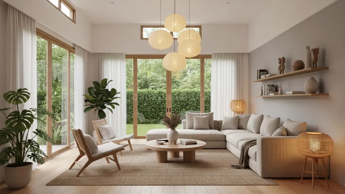 Interior ruang tamu minimalis modern dengan pencahayaan hangat dan dekor sederhana. (BTV/Ai)