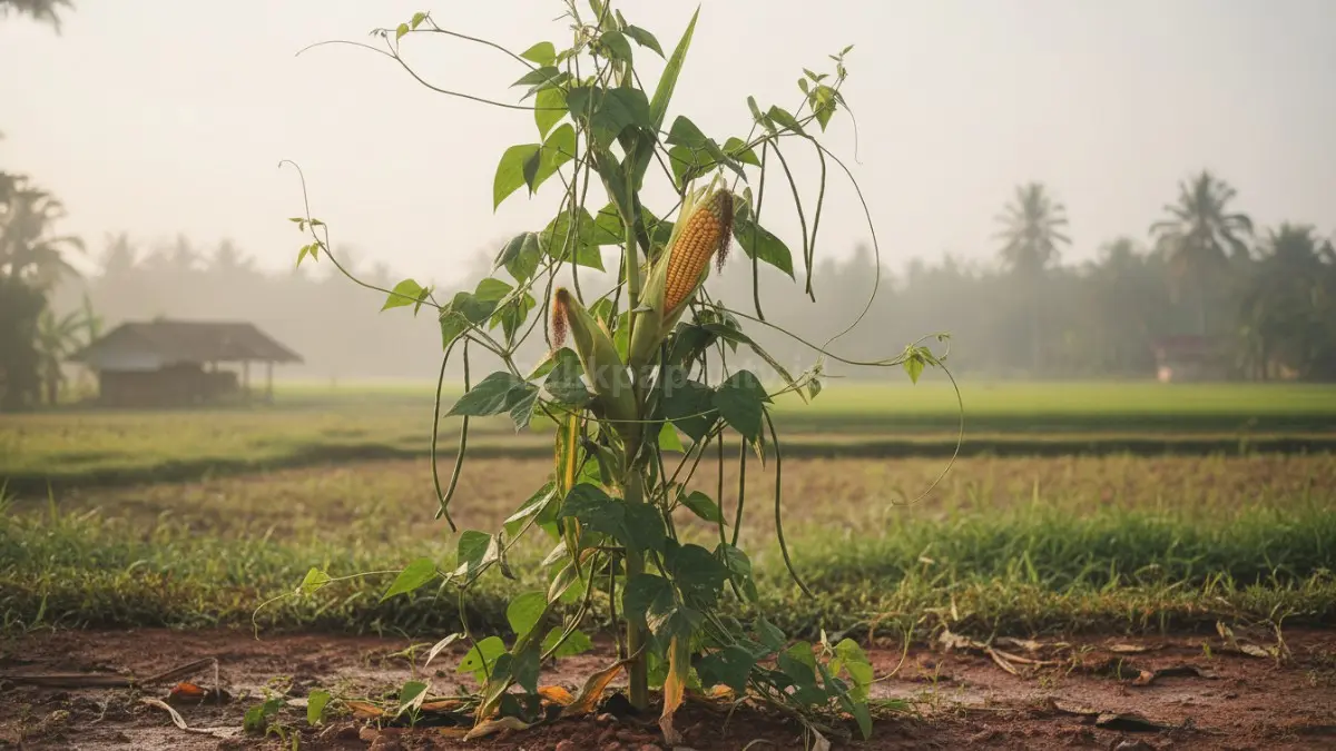 Jagung menjadi penyangga alami kacang panjang sehingga kebun lebih hemat biaya dan tetap produktif bersama.
