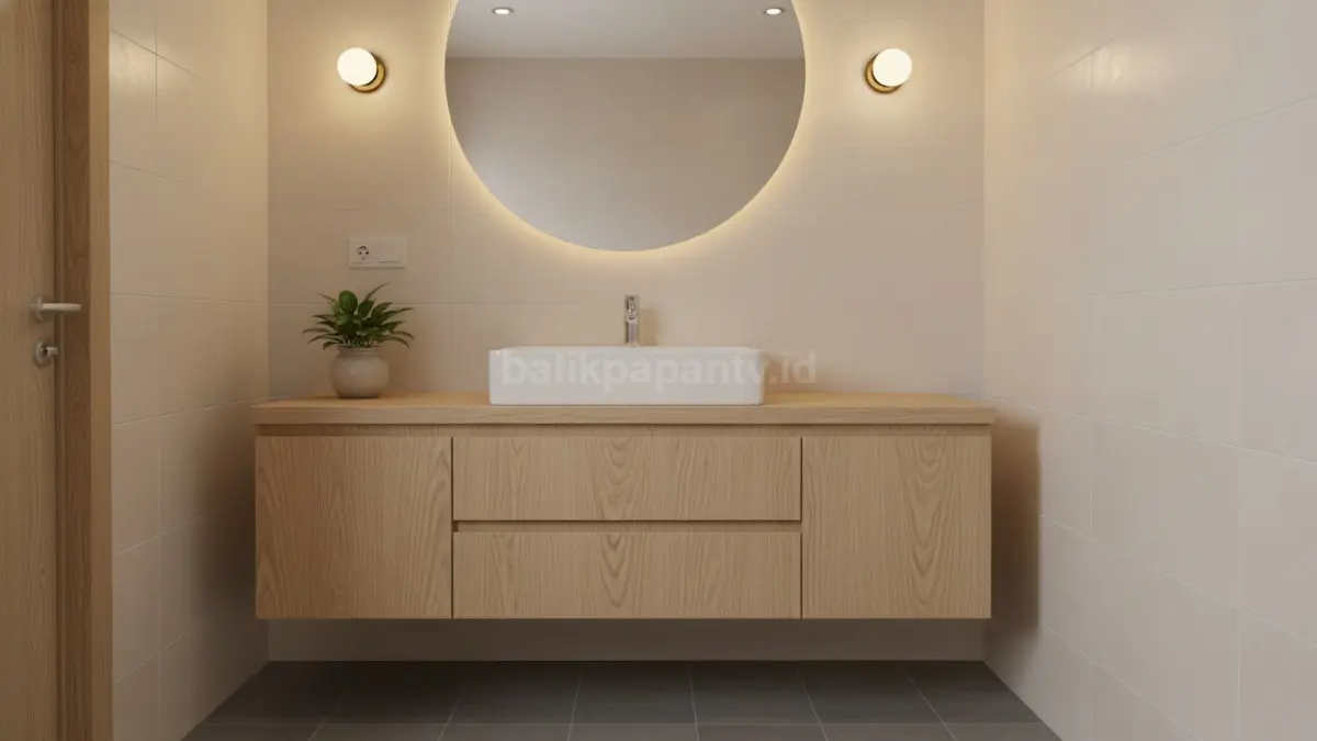 Kabinet wastafel floating dengan warna kayu terang (BTV/Ai)