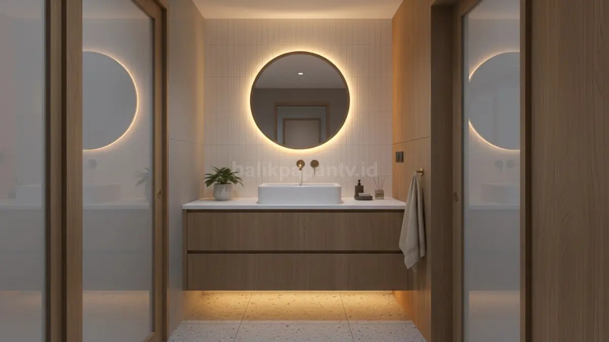 Kabinet wastafel minimalis modern warna kayu terang bikin kamar mandi rumah terasa lebih lega dan bersih (BTV/Ai)